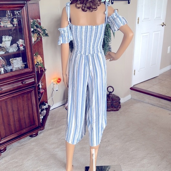 Ocean Drive Jumpsuit 100% Rayon Blue & White Striped Bow Ties Open Shoulder - Picture 10 of 15